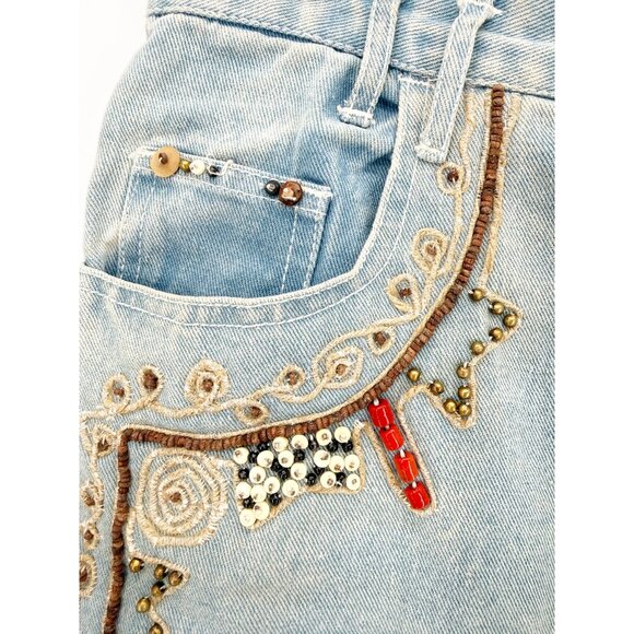 JOU JOU VTG 80s Denim Blue Embellished Long Jean Short 11/12 - Picture 3 of 13